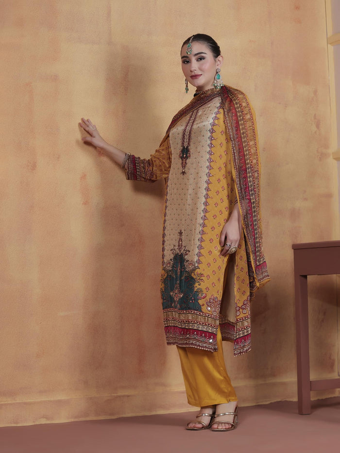 Women Natural Crepe Mustard Printed Kurta Comfort Pant Dupatta.