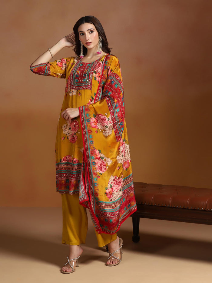 Women Natural Crepe Mustard Printed Kurta Comfort Pant Dupatta.
