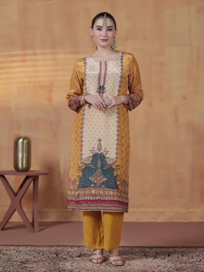 Women Natural Crepe Mustard Printed Kurta Comfort Pant Dupatta.
