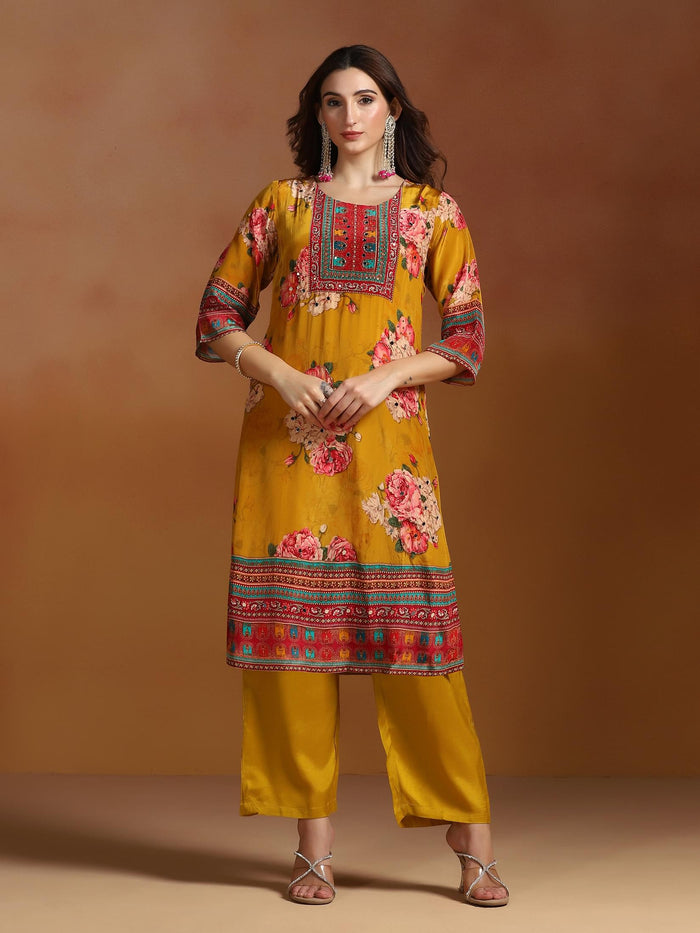 Women Natural Crepe Mustard Printed Kurta Comfort Pant Dupatta.