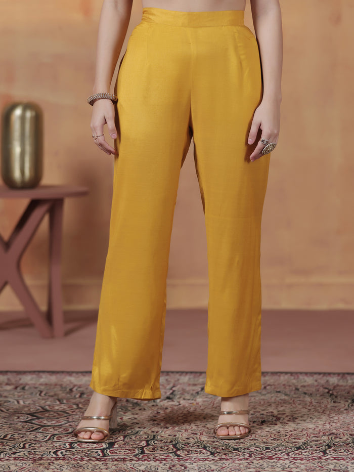 Women Natural Crepe Mustard Printed Kurta Comfort Pant Dupatta.