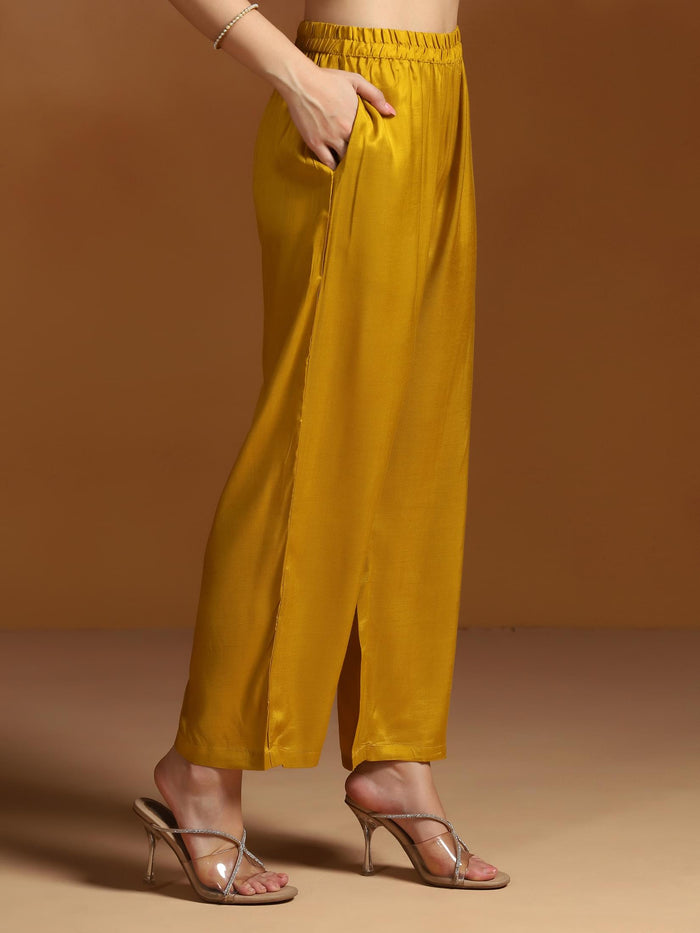 Women Natural Crepe Mustard Printed Kurta Comfort Pant Dupatta.