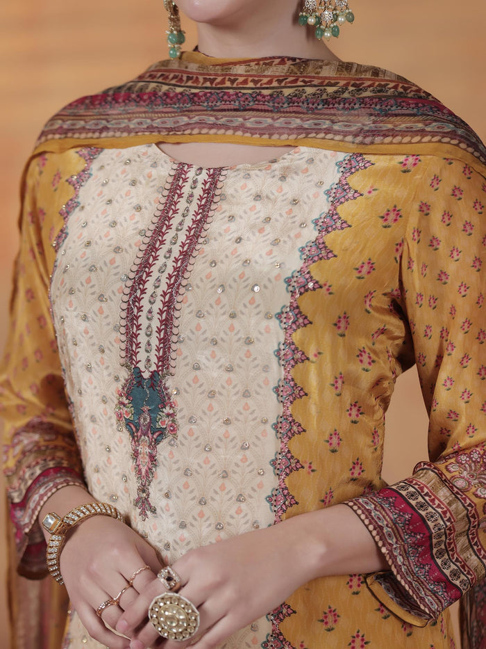 Women Natural Crepe Mustard Printed Kurta Comfort Pant Dupatta.