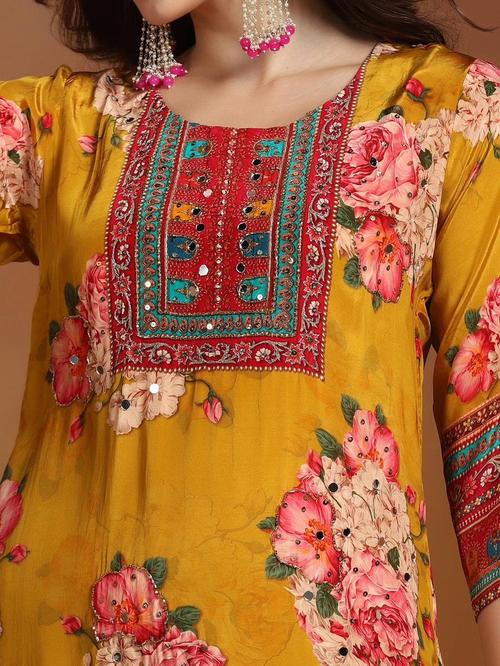 Women Natural Crepe Mustard Printed Kurta Comfort Pant Dupatta.