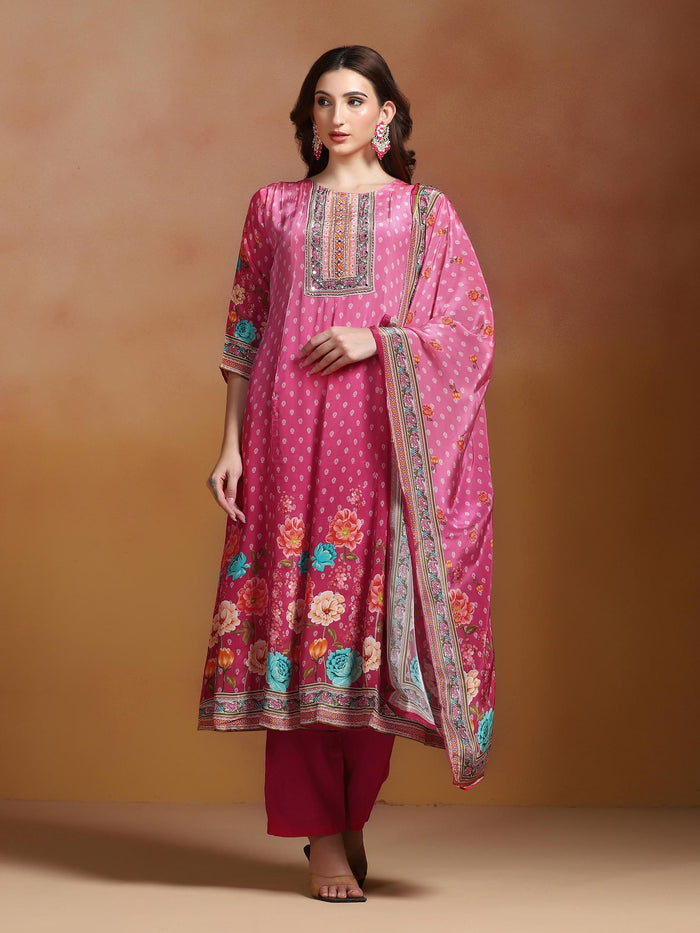 Women Natural Crepe Mustard Printed Kurta Comfort Pant With Dupatta.