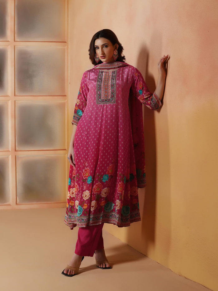 Women Natural Crepe Mustard Printed Kurta Comfort Pant With Dupatta.