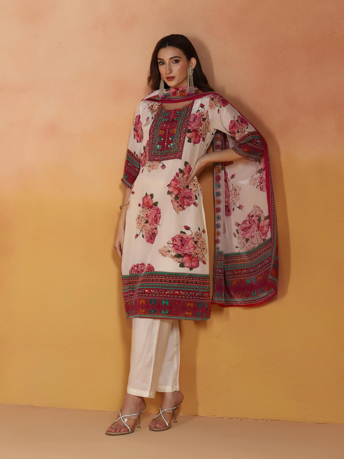 Women Natural Crepe Off White Printed Kurta Comfort Pant Dupatta.