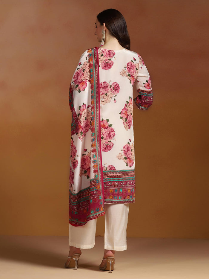 Women Natural Crepe Off White Printed Kurta Comfort Pant Dupatta.