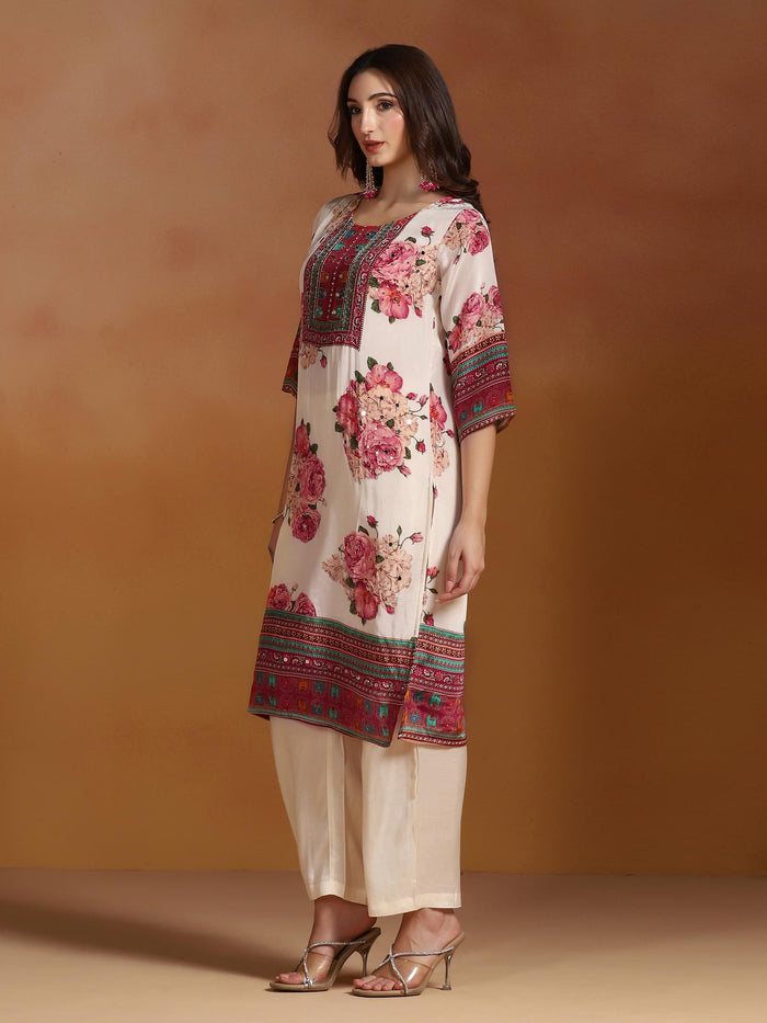Women Natural Crepe Off White Printed Kurta Comfort Pant Dupatta.