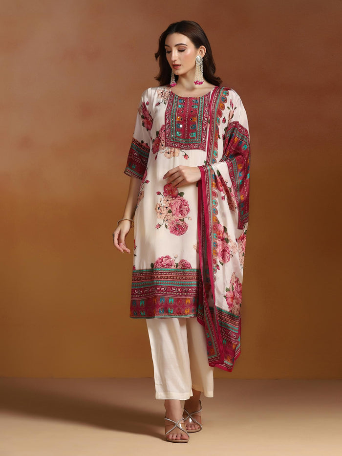 Women Natural Crepe Off White Printed Kurta Comfort Pant Dupatta.