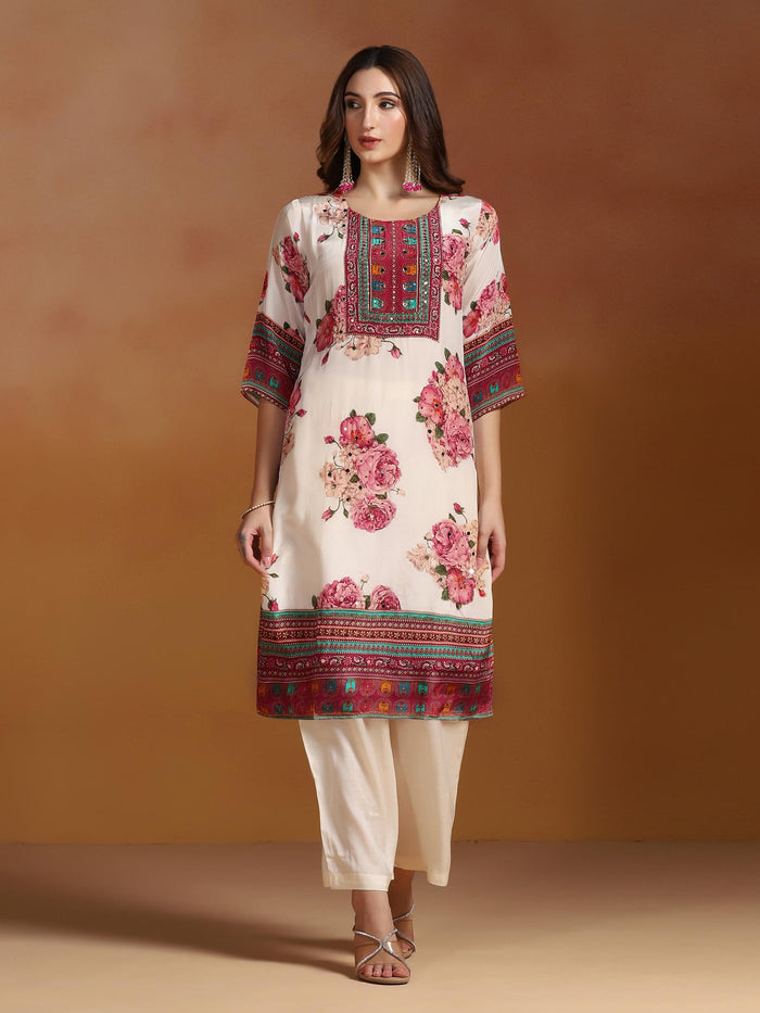 Women Natural Crepe Off White Printed Kurta Comfort Pant Dupatta.