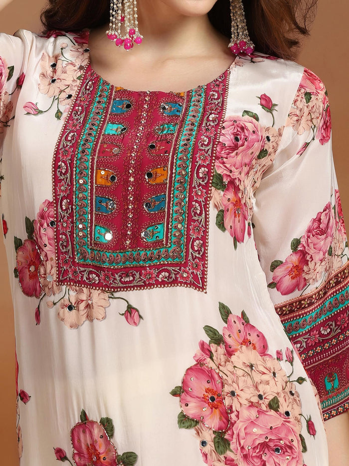 Women Natural Crepe Off White Printed Kurta Comfort Pant Dupatta.