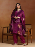 Women Natural Crepe Purple Printed Kurta Comfort Pant Dupatta.