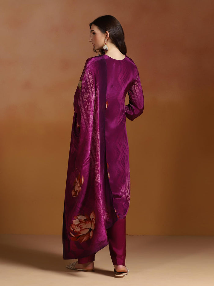 Women Natural Crepe Purple Printed Kurta Comfort Pant Dupatta.