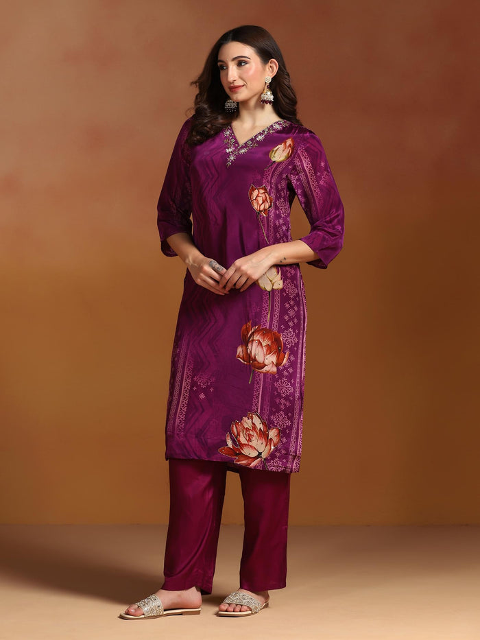 Women Natural Crepe Purple Printed Kurta Comfort Pant Dupatta.