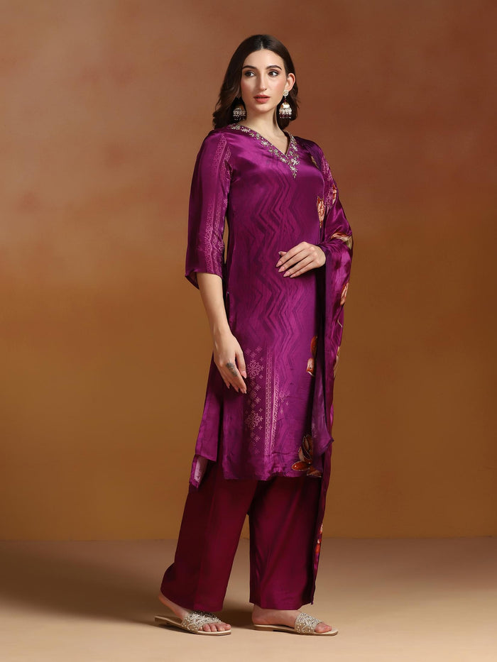 Women Natural Crepe Purple Printed Kurta Comfort Pant Dupatta.