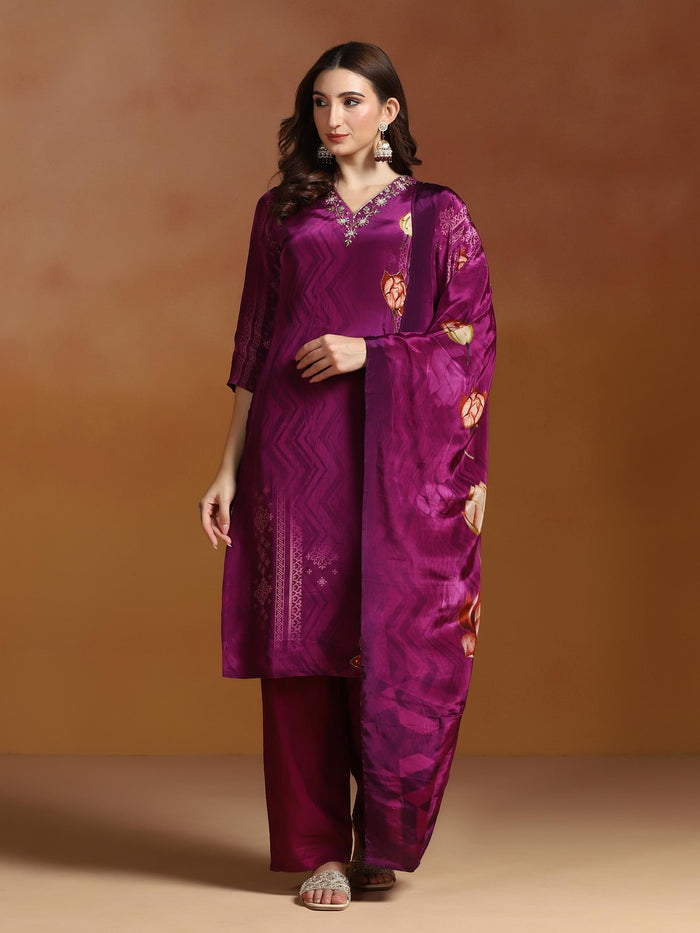 Women Natural Crepe Purple Printed Kurta Comfort Pant Dupatta.