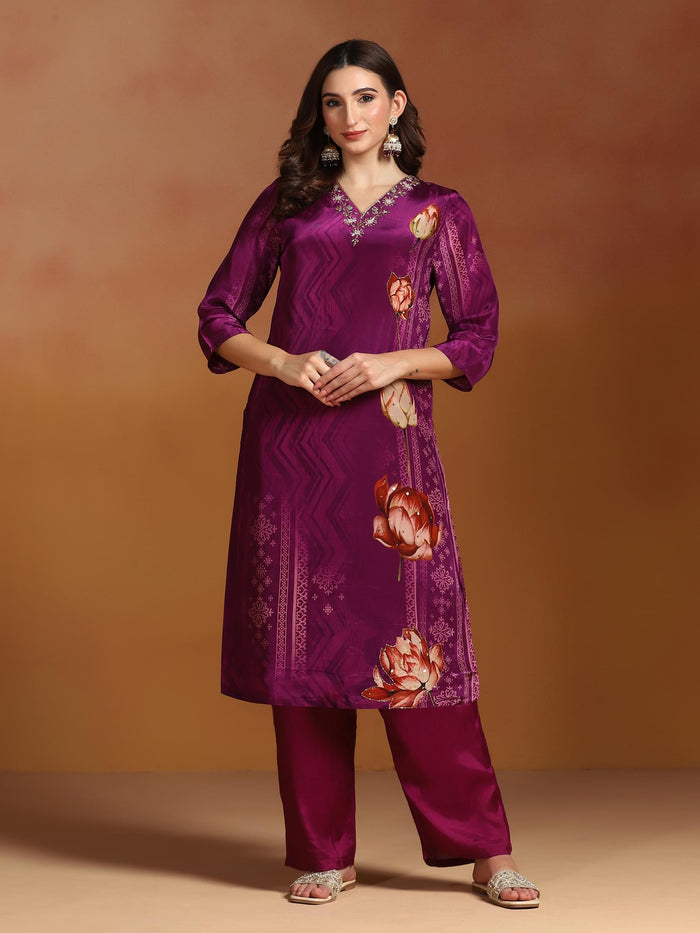 Women Natural Crepe Purple Printed Kurta Comfort Pant Dupatta.