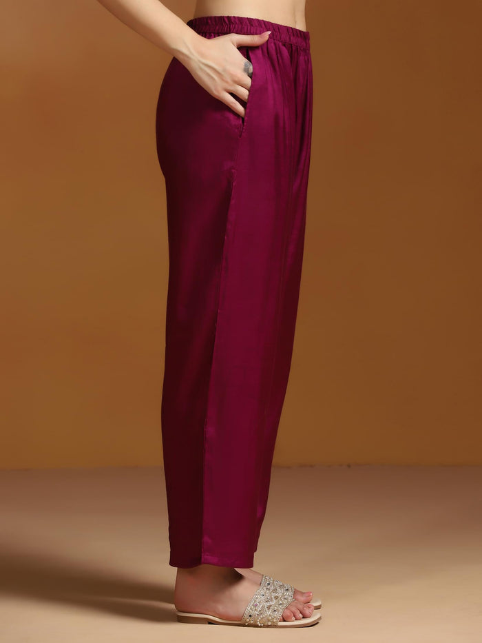 Women Natural Crepe Purple Printed Kurta Comfort Pant Dupatta.