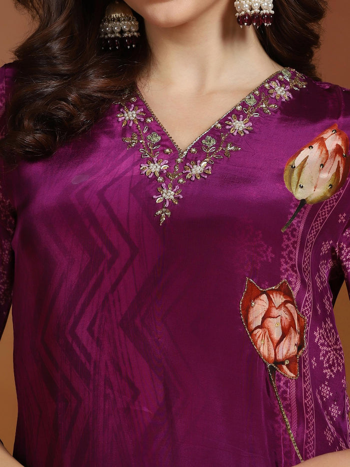 Women Natural Crepe Purple Printed Kurta Comfort Pant Dupatta.