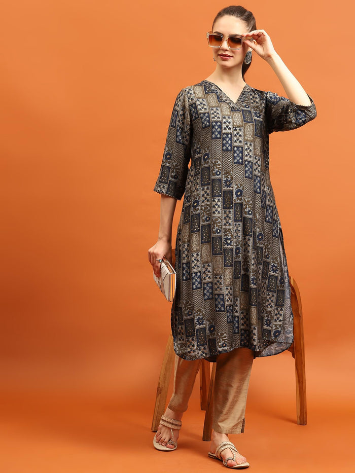 Women Navy Blue Abstract Printed Kurta.