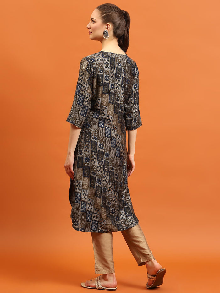 Women Navy Blue Abstract Printed Kurta.