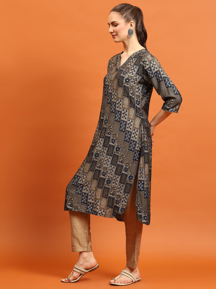 Women Navy Blue Abstract Printed Kurta.