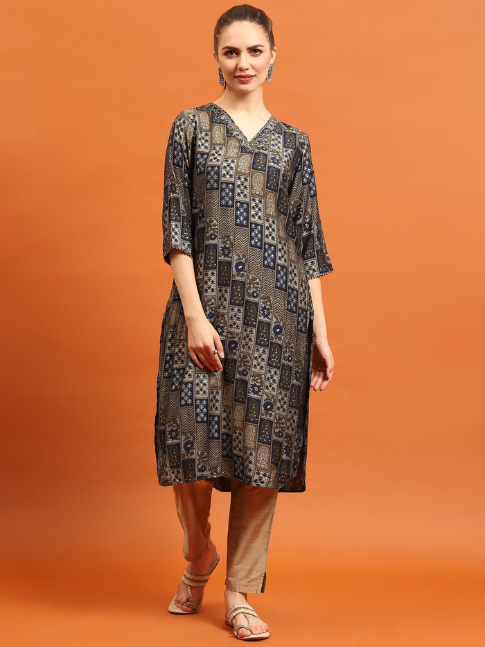 Women Navy Blue Abstract Printed Kurta.