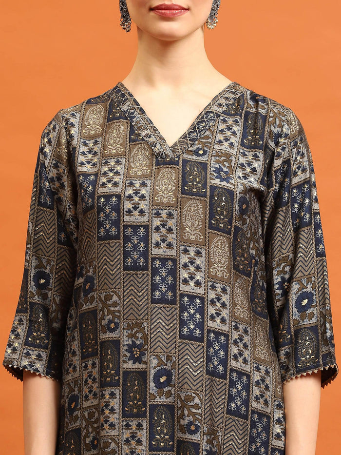 Women Navy Blue Abstract Printed Kurta.