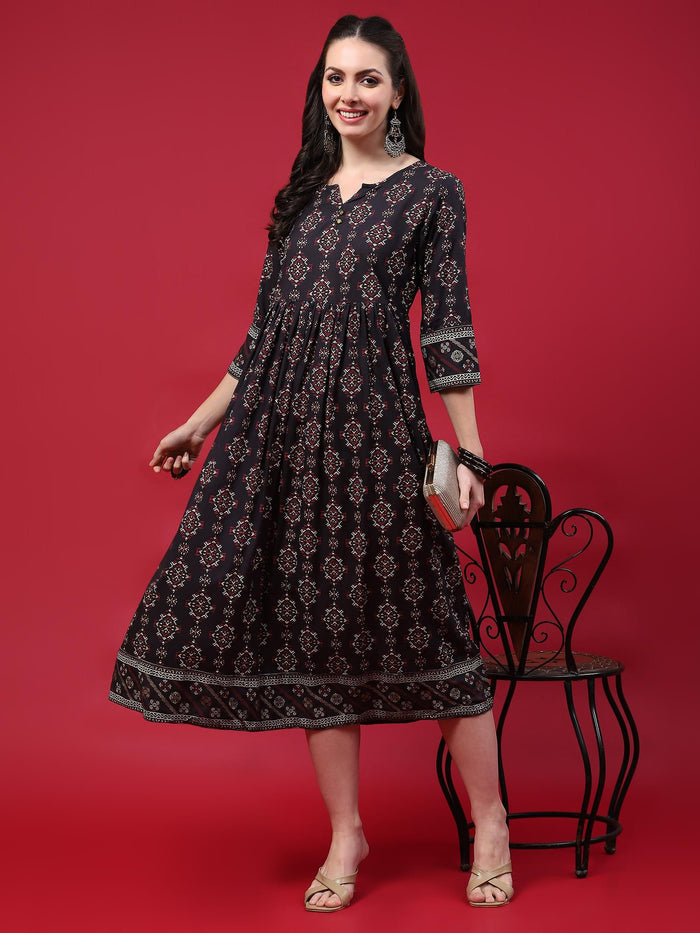 Women Navy Blue Aztec Printed Dress.