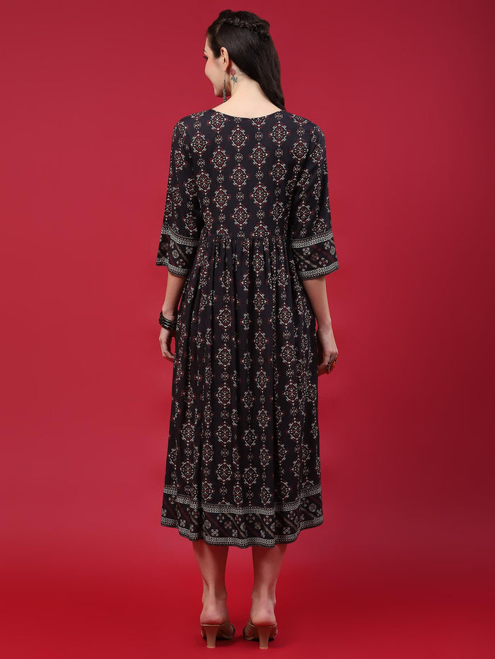 Women Navy Blue Aztec Printed Dress.