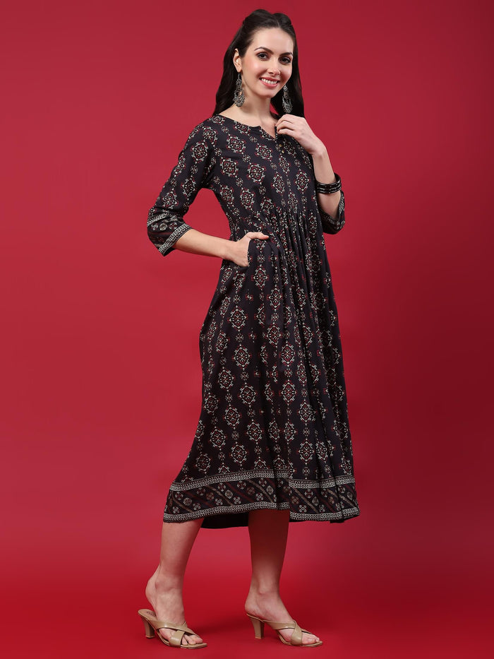 Women Navy Blue Aztec Printed Dress.