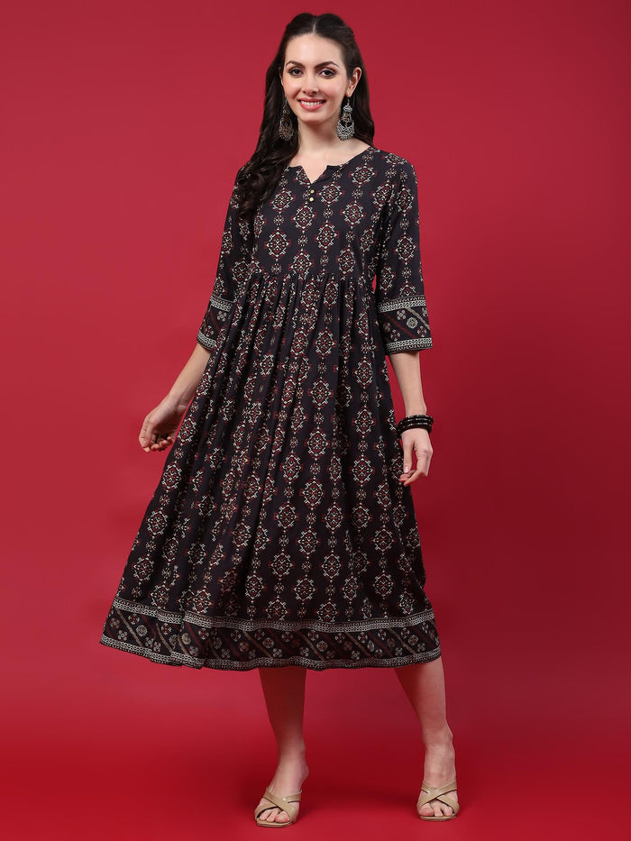Women Navy Blue Aztec Printed Dress.