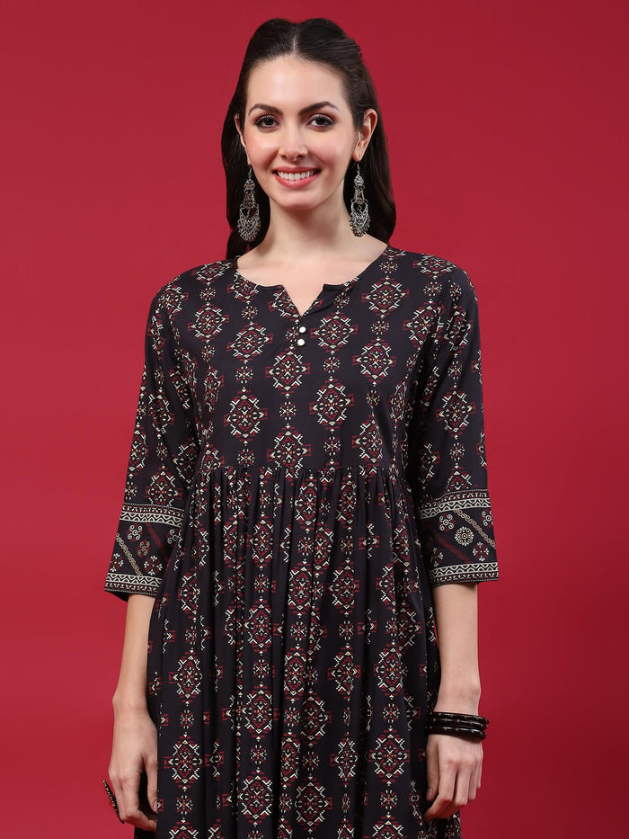 Women Navy Blue Aztec Printed Dress.