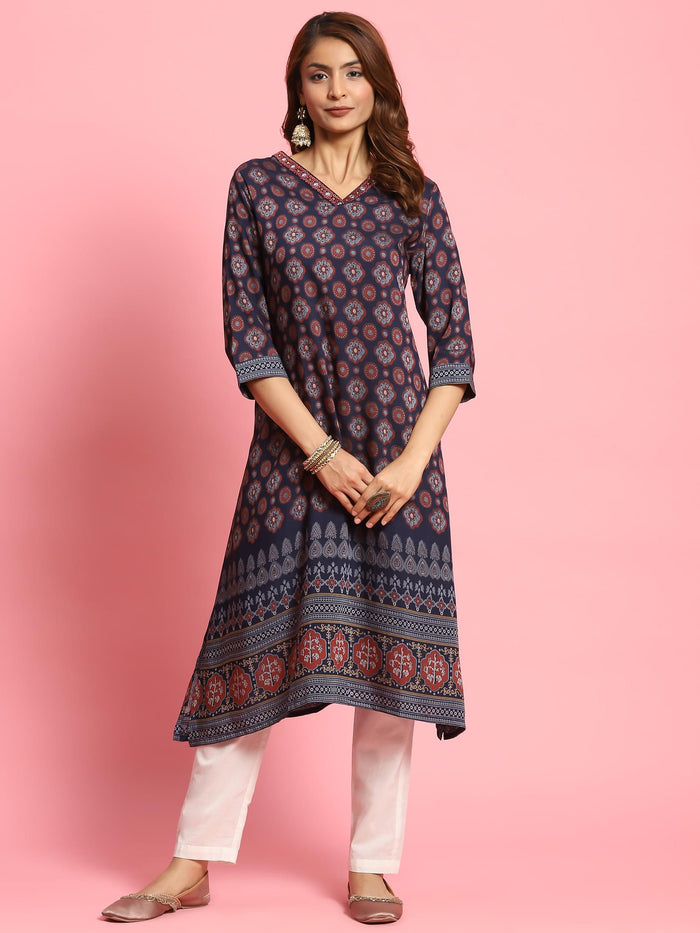 Women Navy Blue Butti Printed Kurta.
