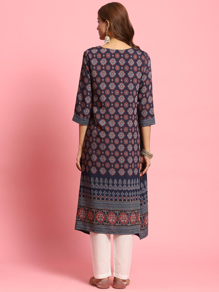 Women Navy Blue Butti Printed Kurta.