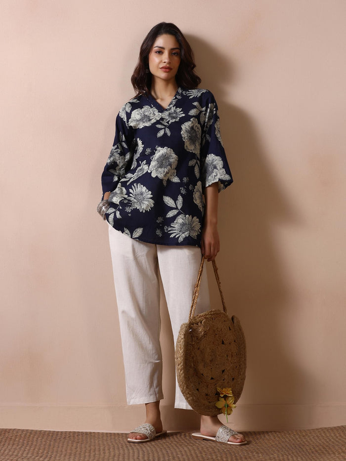 Women Navy Blue Cotton Printed Tunic.