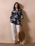 Women Navy Blue Cotton Printed Tunic.