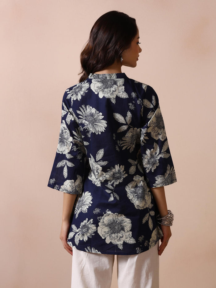 Women Navy Blue Cotton Printed Tunic.