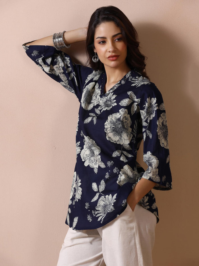 Women Navy Blue Cotton Printed Tunic.