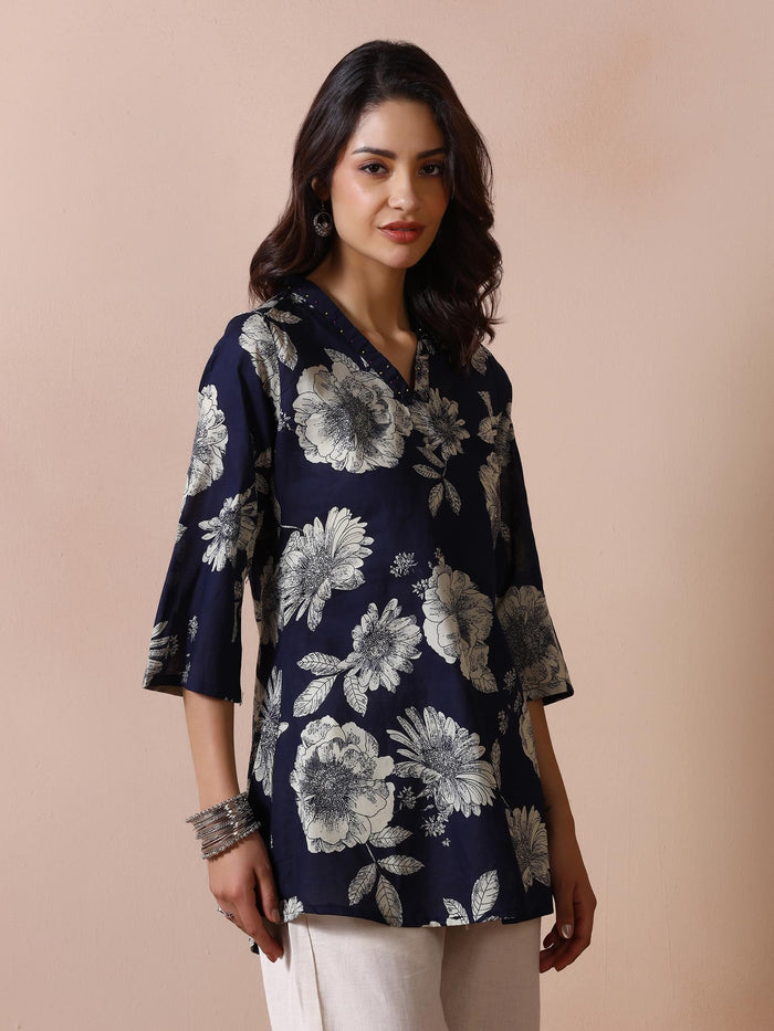 Women Navy Blue Cotton Printed Tunic.