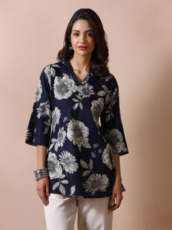 Women Navy Blue Cotton Printed Tunic.