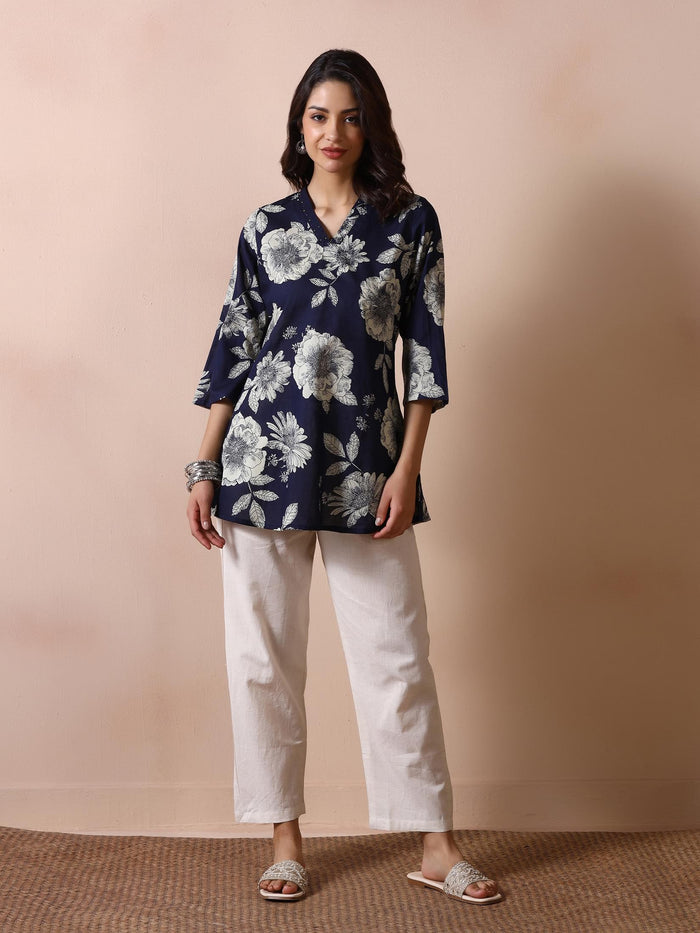 Women Navy Blue Cotton Printed Tunic.