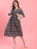 Women Navy Blue Fit And Flare Dress.