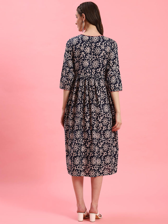 Women Navy Blue Fit And Flare Dress.
