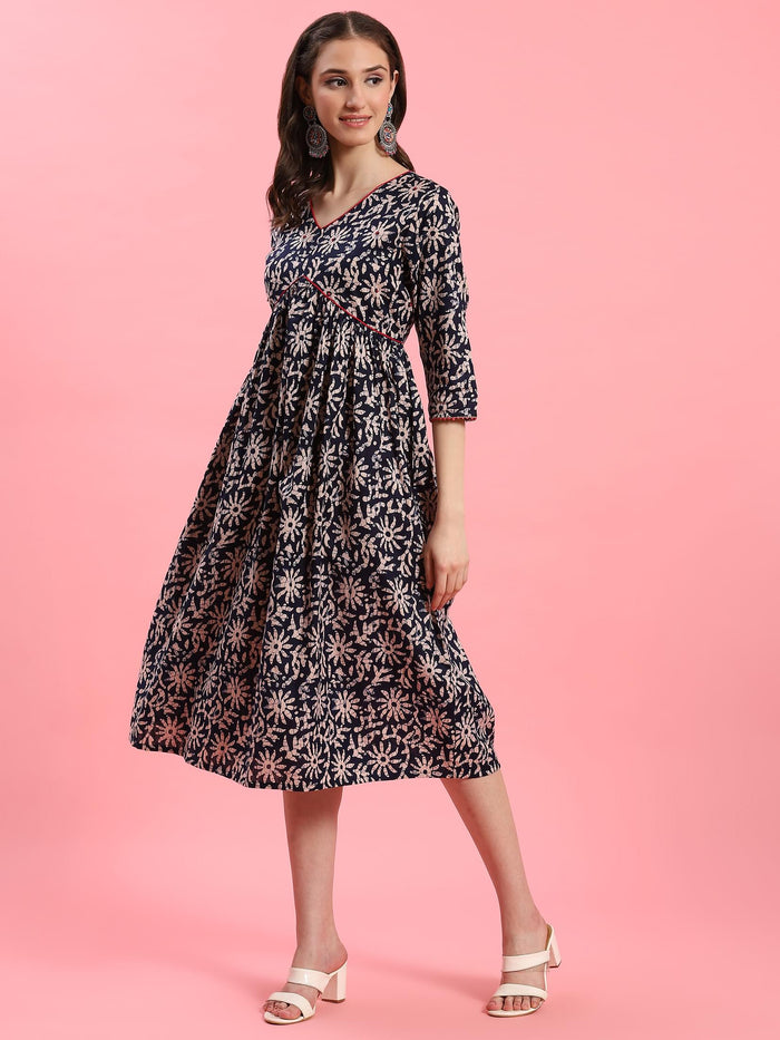 Women Navy Blue Fit And Flare Dress.