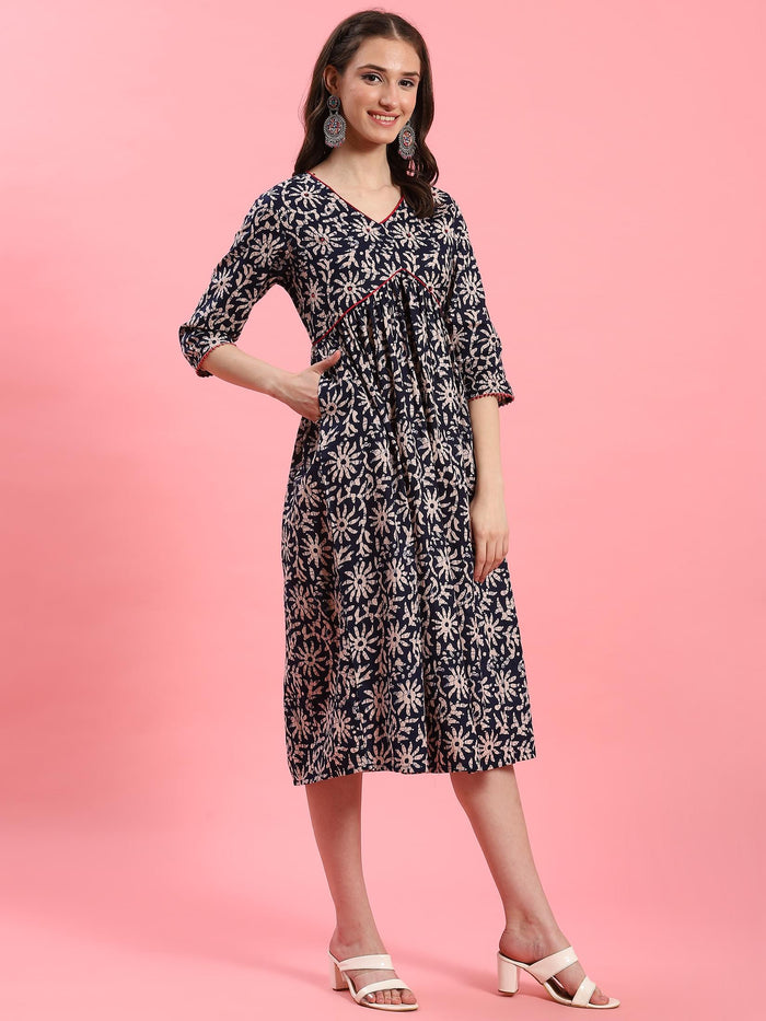 Women Navy Blue Fit And Flare Dress.