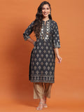 Women Navy Blue Floral Print Kurta.