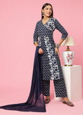 Women Navy Blue Floral Printed Kurta Comfort Pant Dupatta.