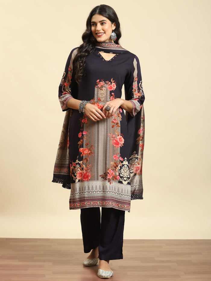 Women Navy Blue Floral Printed Kurta Comfort Pant Dupatta.